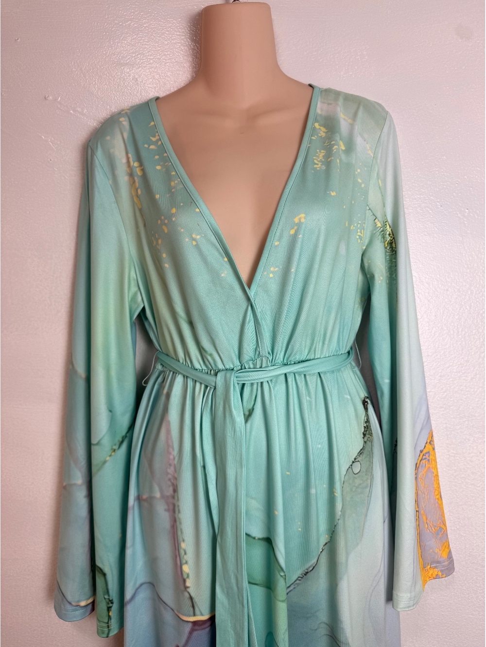 Long Sleeve Maxi Dress with Abstract Aqua and Gold Print - Picture 2 of 13